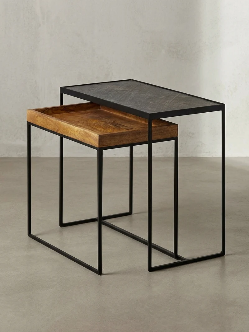 Beistelltisch Set – Mango Massivholz Eisen Anthrazit Braun Industrial