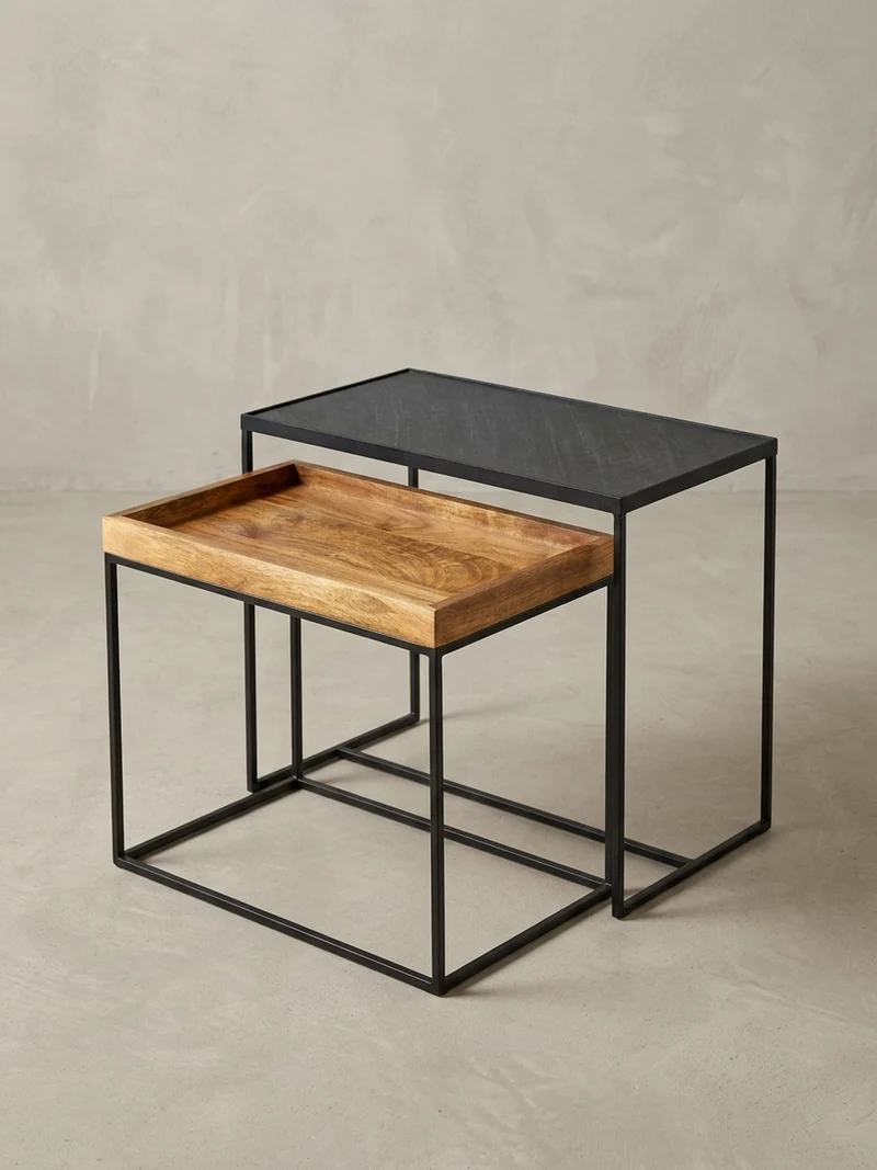 Beistelltisch Set – Mango Massivholz Eisen Anthrazit Braun Industrial