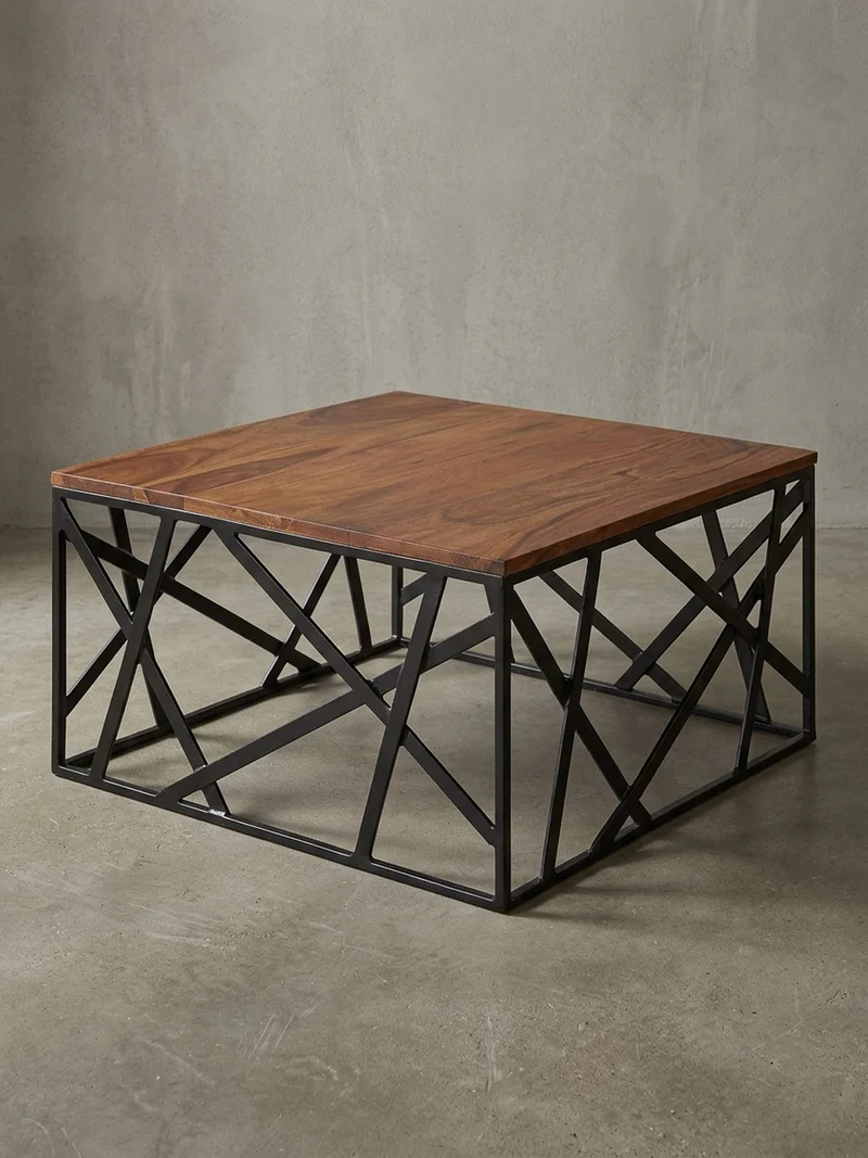 Couchtisch Industrial Stil, Sheesham Holz, Schwarzes Metallgestell, 60x60 cm