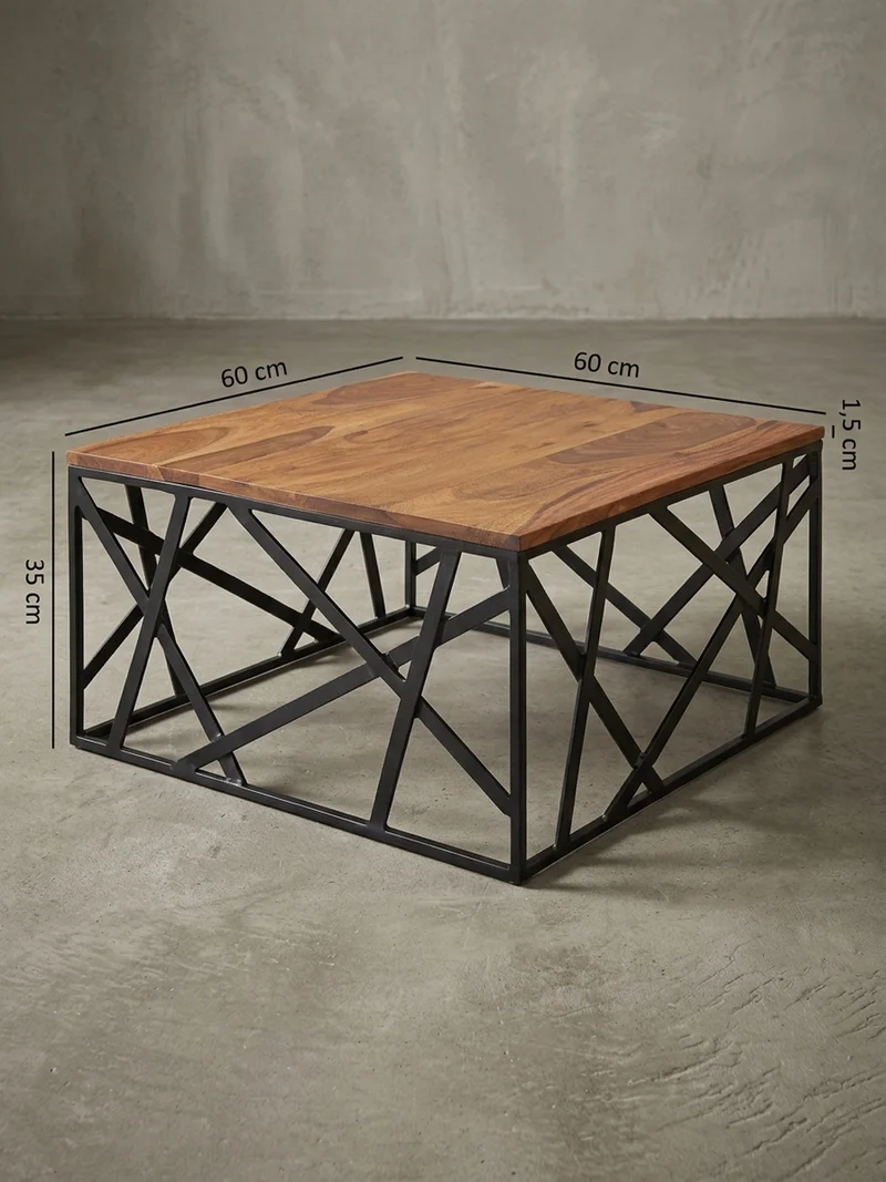 Couchtisch Industrial Stil, Sheesham Holz, Schwarzes Metallgestell, 60x60 cm