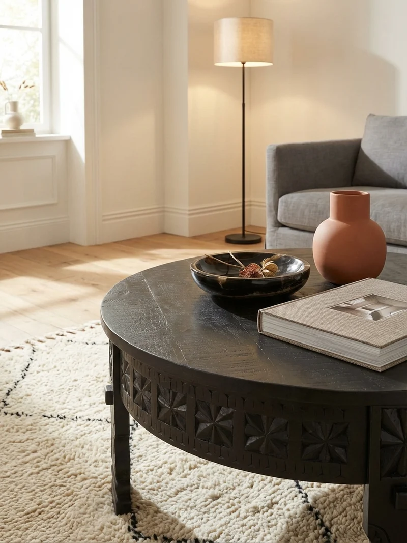 Couchtisch Massivholz Schwarz Lackiert, Orientalisches Design, Handgefertigt