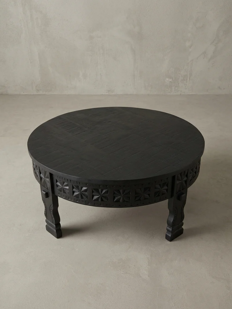 Couchtisch Massivholz Schwarz Lackiert, Orientalisches Design, Handgefertigt