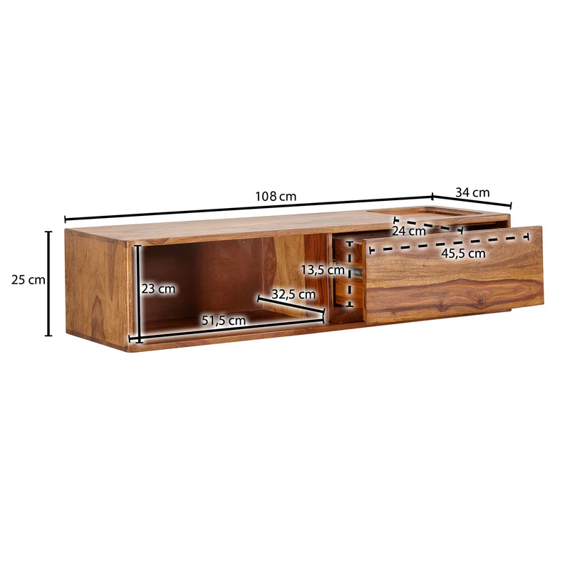 Lowboard Massivholz Modern Stil für Fernseher bis 50 Zoll mit Schublade und offenem Fach