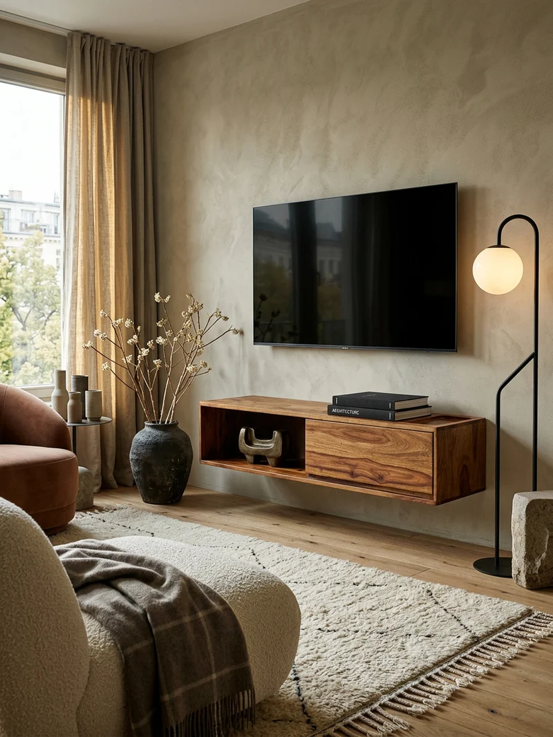 Lowboard Massivholz Modern Stil für Fernseher bis 50 Zoll mit Schublade und offenem Fach
