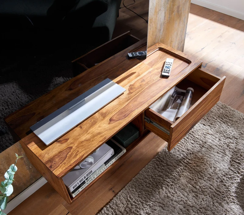 Lowboard Massivholz Modern Stil für Fernseher bis 50 Zoll mit Schublade und offenem Fach