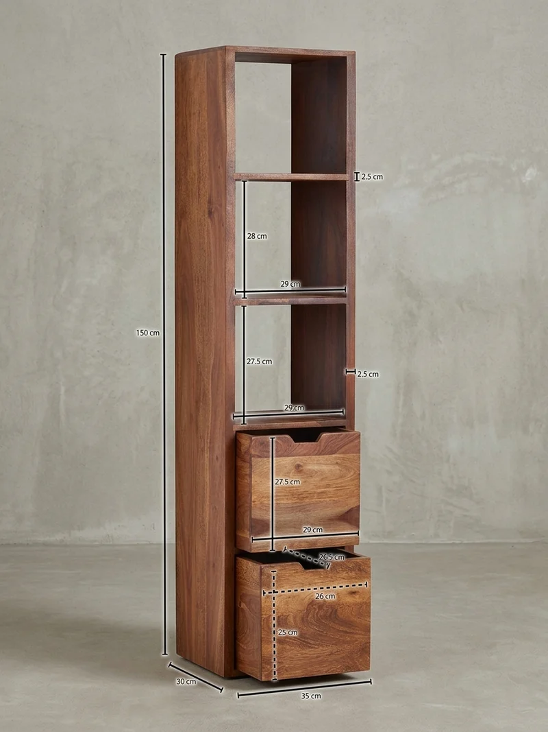 Wandregal Massivholz Modern Stil Flexibel mit 5 Ablagen und 2 Schubladen