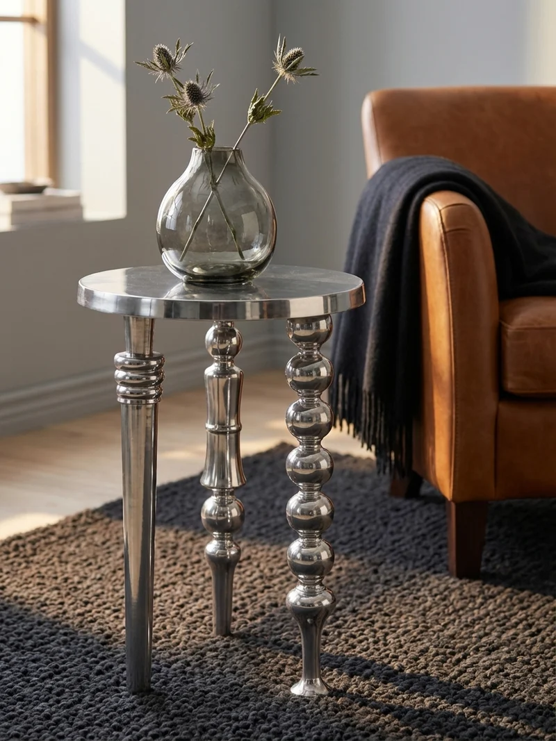 Beistelltisch – Aluminium Silber Dreibein Design 44x44x63 cm