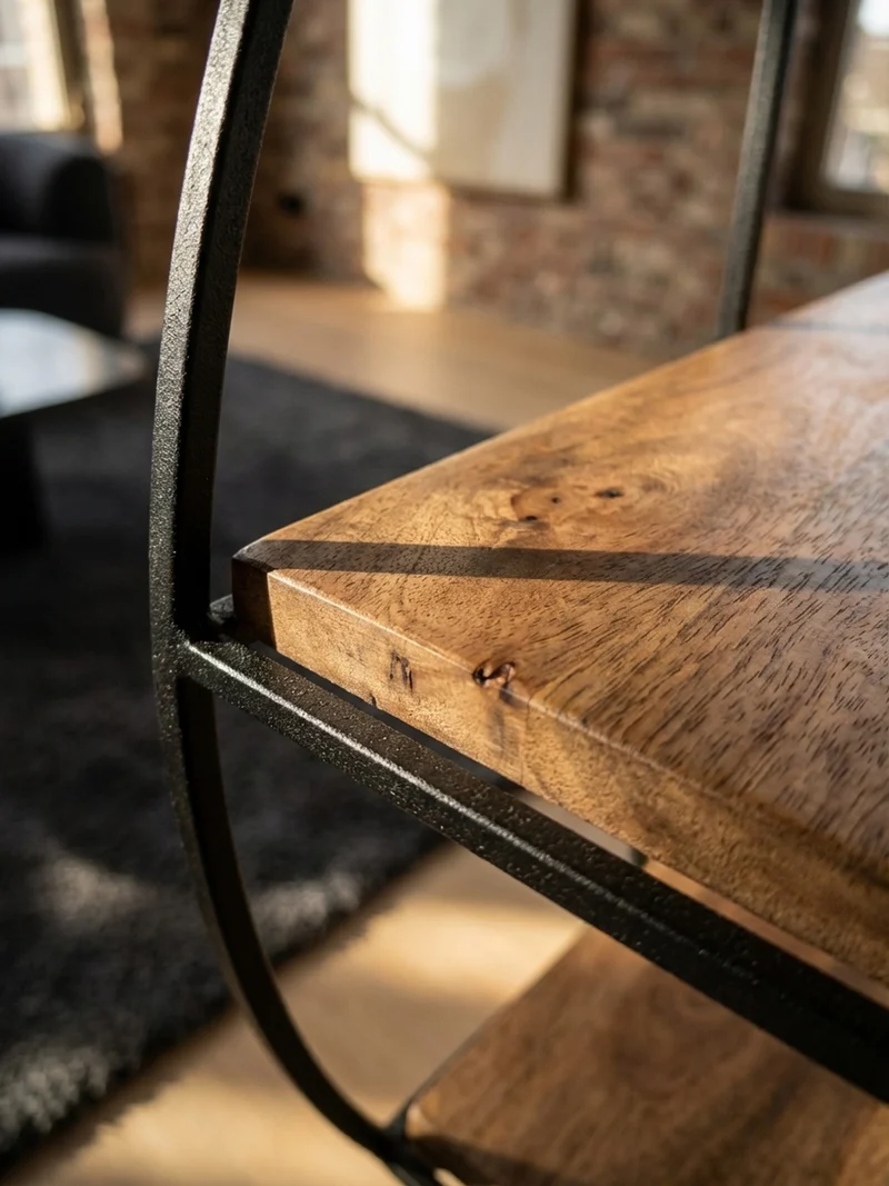 Wandregal Mango Massivholz Metall Industrial Stil 70x70x18 cm Rund