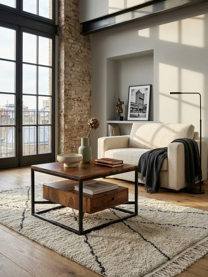 Sofatisch Sheesham Massivholz und Metall, Quadratisch mit Schublade, Maße 60x60x40 cm