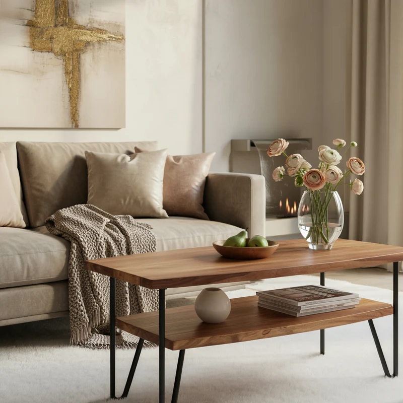 Couchtisch Sheesham Massivholz Metall Industrial-Style 90x50x40 cm