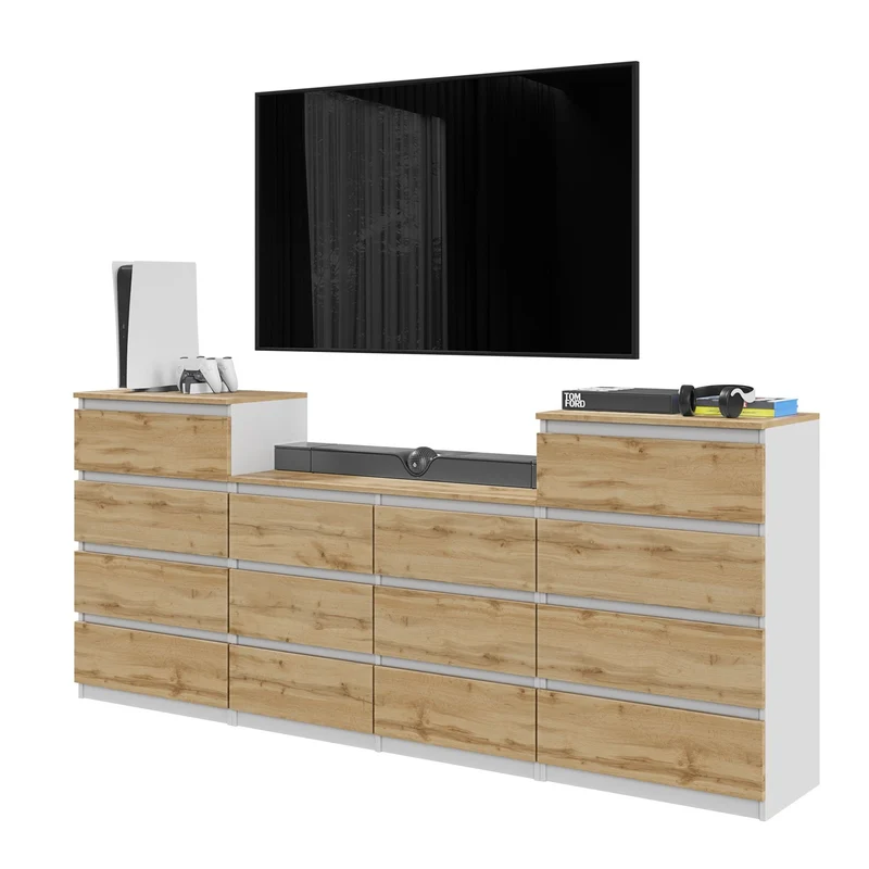 GABRIEL - Kommode / Sideboard mit 14 Schubladen (4+6+4) - Weiß Matt / Wotan Eiche H92/70cm B220cm T33cm