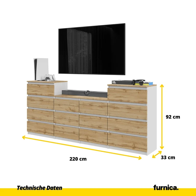 GABRIEL - Kommode / Sideboard mit 14 Schubladen (4+6+4) - Weiß Matt / Wotan Eiche H92/70cm B220cm T33cm