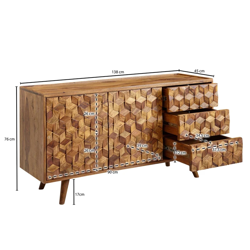 Sideboard – Massivholz, 138x76x45 cm, mit Türen und Schubladen