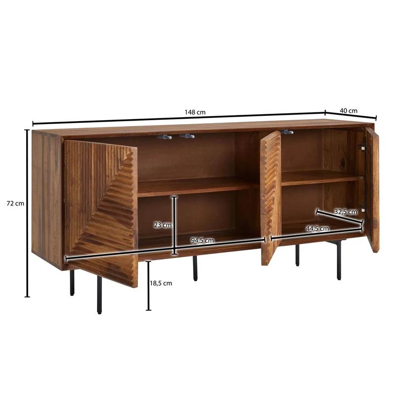 Sideboard – Massivholz/Metall, 148x72x40 cm, modern, 3 Türen