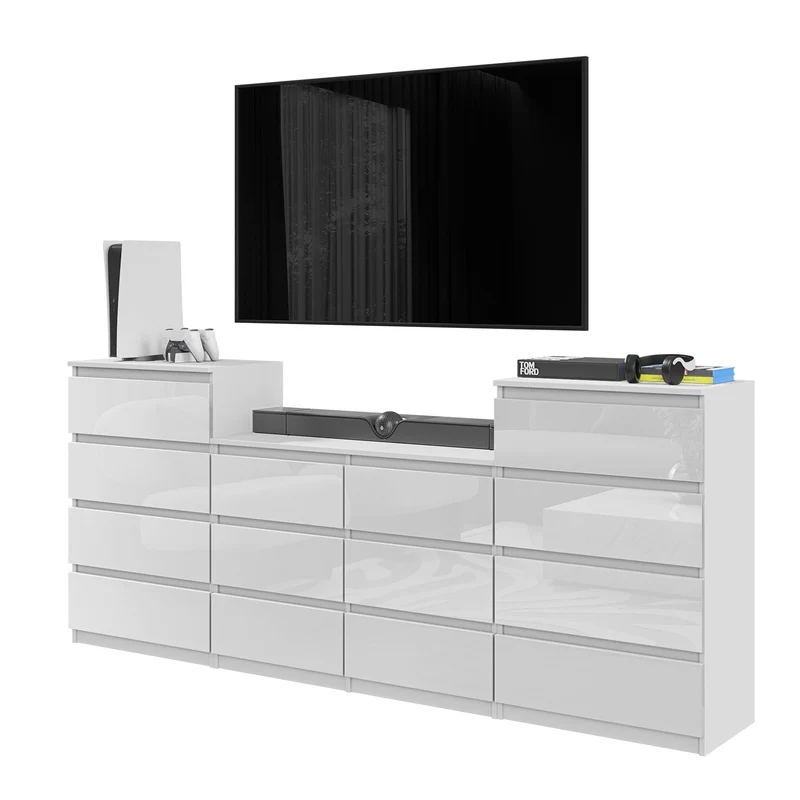 GABRIEL - Kommode / Sideboard mit 14 Schubladen (4+6+4) - Weiß Gloss H92/70cm B220cm T33cm
