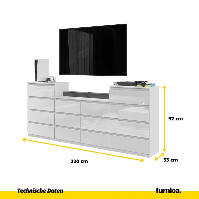 GABRIEL - Kommode / Sideboard mit 14 Schubladen (4+6+4) - Weiß Gloss H92/70cm B220cm T33cm