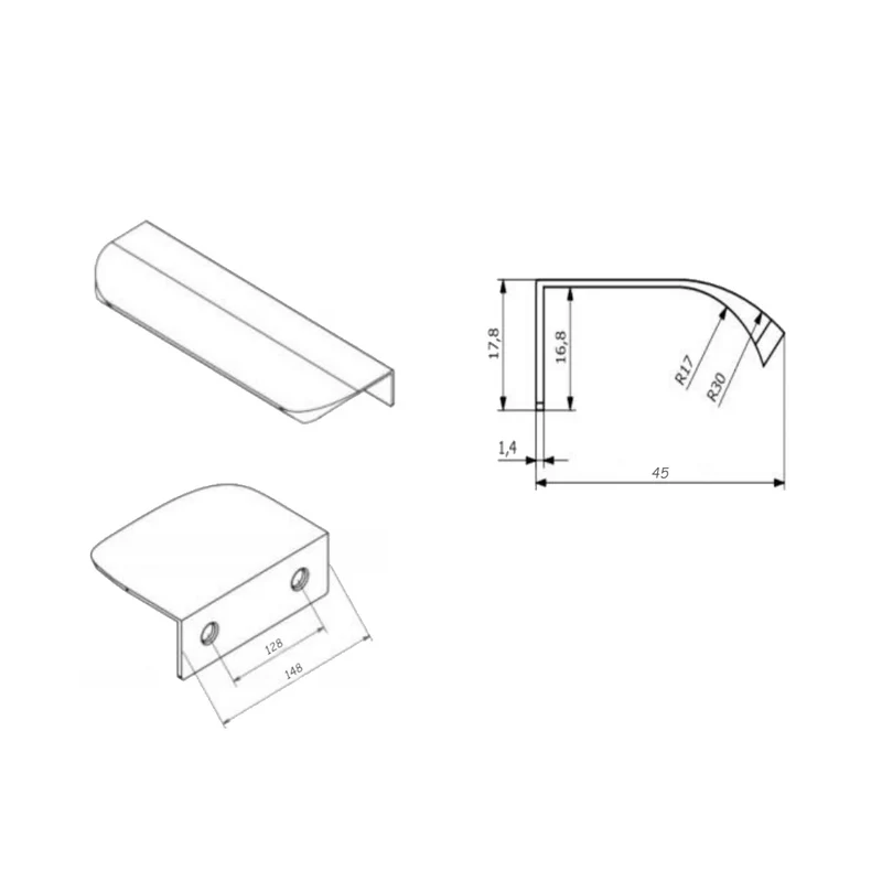 Griffleiste Kantengriff Rund 128mm (148mm Gesamtlänge) - Gebürsteter Edelstahl