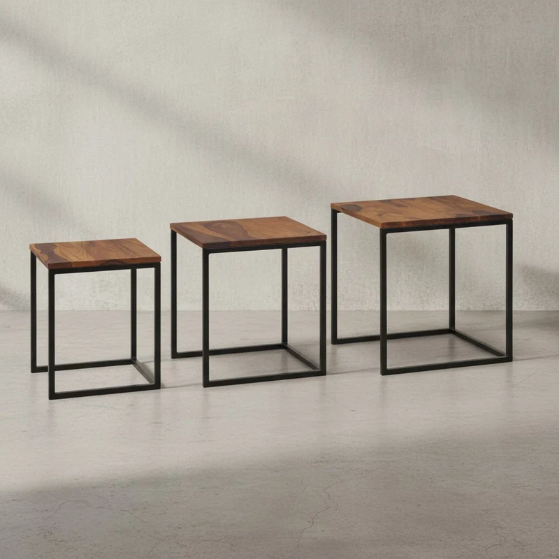 Beistelltisch Set – Massivholz Metall Braun Schwarz quadratisch 3 Größen