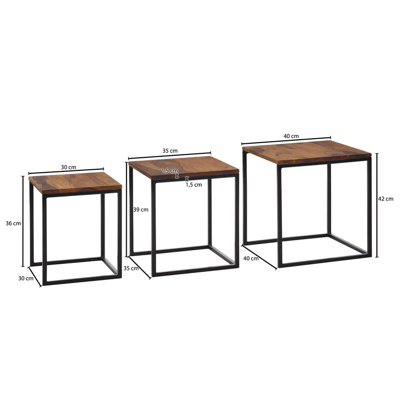 Beistelltisch Set – Massivholz Metall Braun Schwarz quadratisch 3 Größen