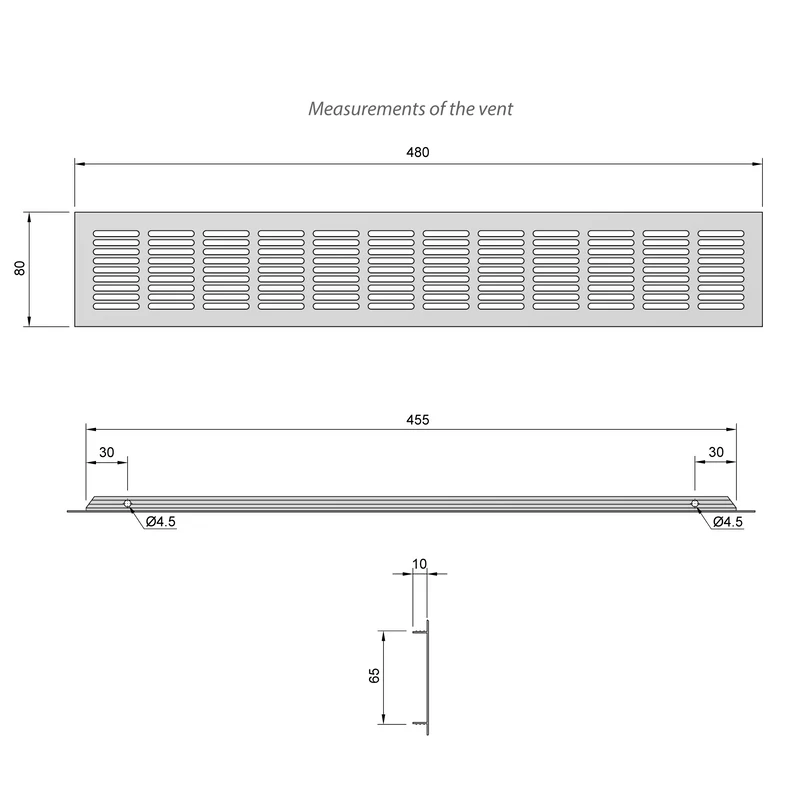 Aluminium-Lüftungsgitter für Küchenarbeitsplatten / Sockel, 480x80mm Silber