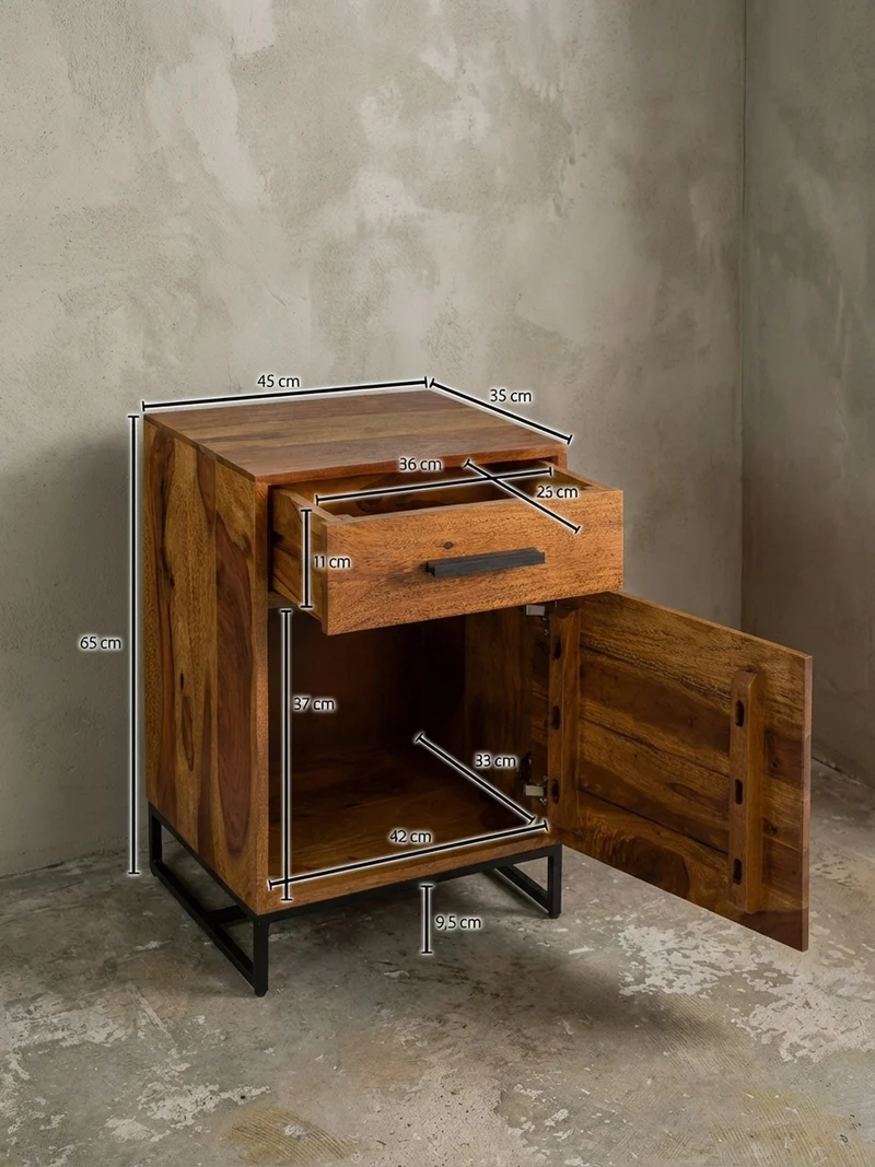 Nachttisch – Massivholz/Eisen, Schublade & Tür, Industrial-Stil