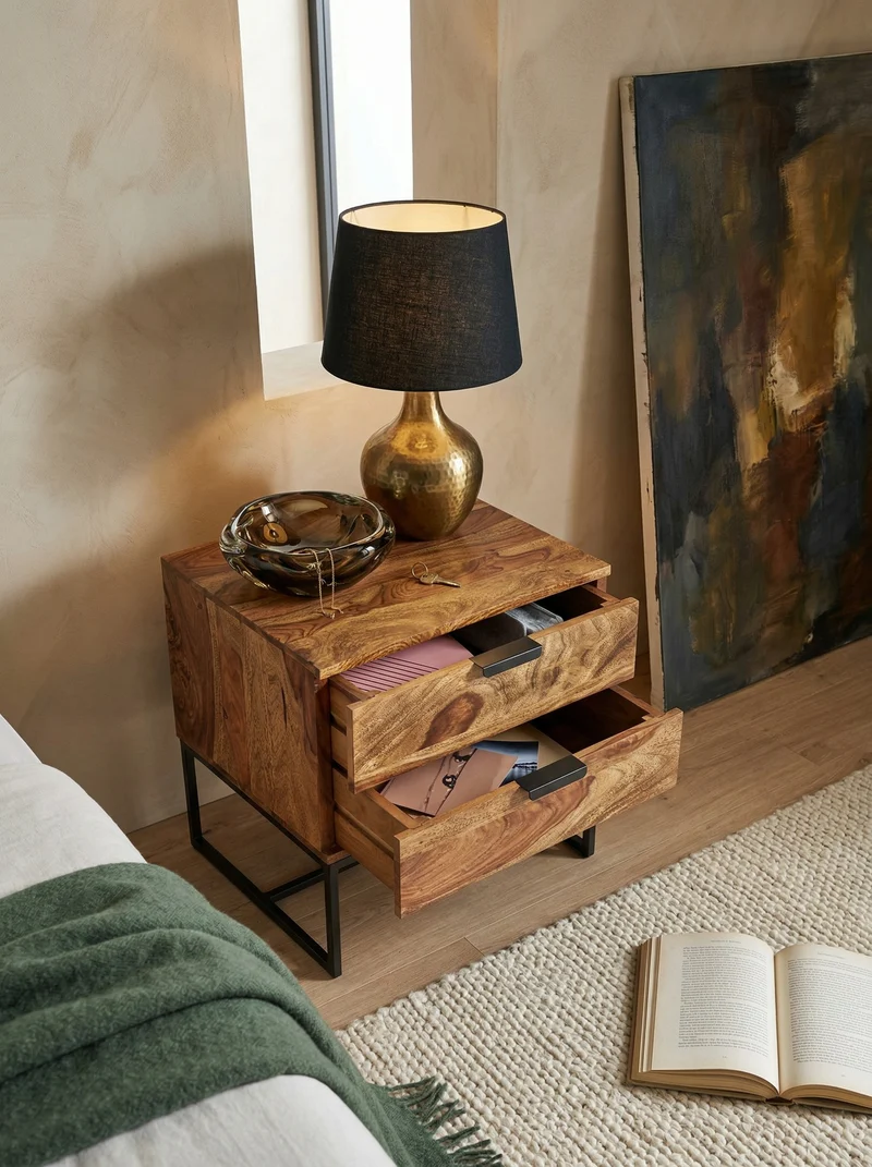 Nachttisch – Massivholz/Eisen, 50x40x51 cm, 2 Schubladen, Industrial-Stil