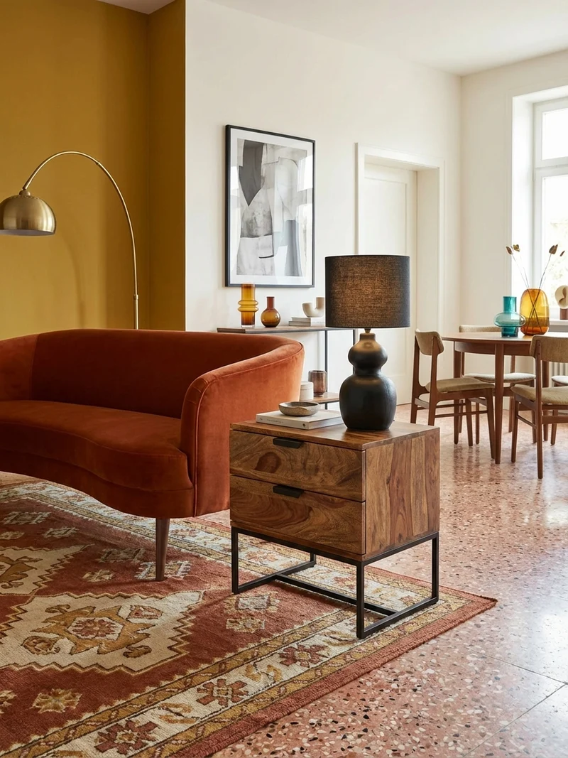 Nachttisch – Massivholz/Eisen, 50x40x51 cm, 2 Schubladen, Industrial-Stil