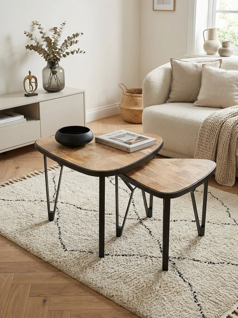 Couchtisch Set – Massivholz Metall Braun Schwarz platzsparend Industrial