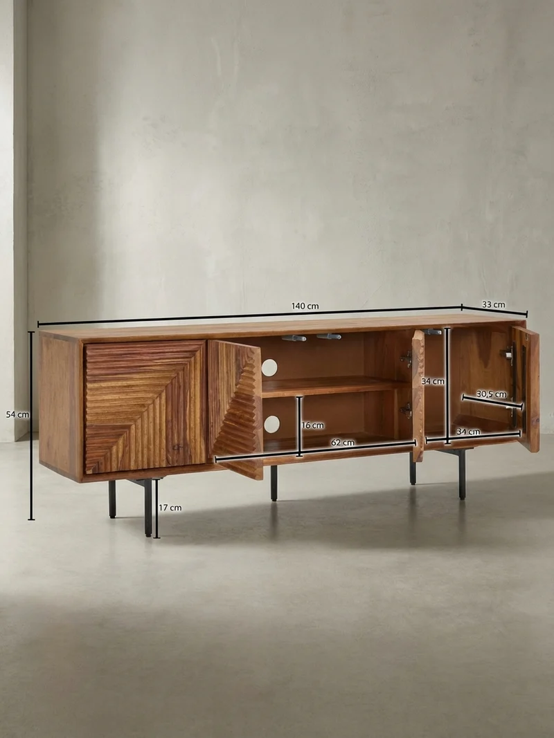 Lowboard Massivholz Modern Stil Modell Spectrum mit 3D-Oberfläche und Edelstahl-Gestell