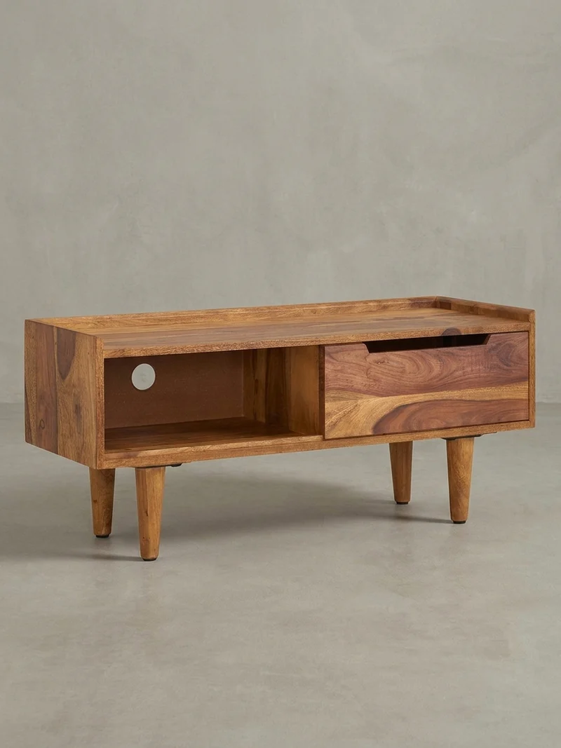 Lowboard Massivholz Modern Stil für Fernseher bis 50 Zoll mit Schiebetür und 2 Fächern