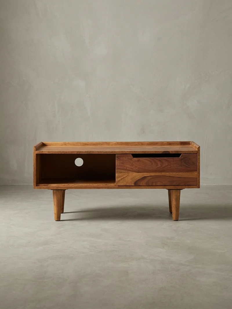 Lowboard Massivholz Modern Stil für Fernseher bis 50 Zoll mit Schiebetür und 2 Fächern
