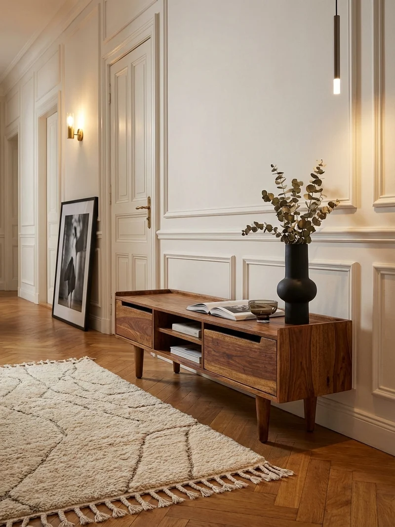 Lowboard Massivholz Landhausstil für 60-Zoll Fernseher mit Stauraum und Schutzlackversiegelung