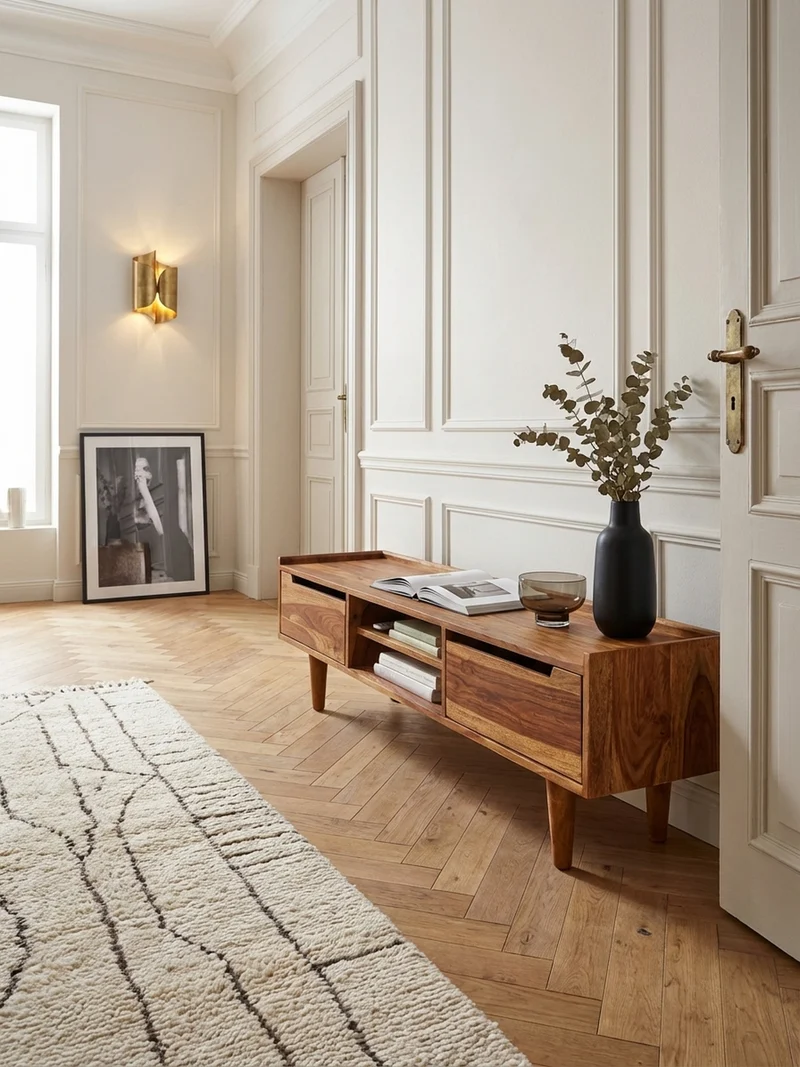 Lowboard Massivholz Landhausstil für 60-Zoll Fernseher mit Stauraum und Schutzlackversiegelung