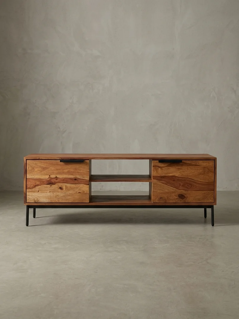 Lowboard Massivholz Landhausstil für 60-Zoll Fernseher mit offenen Fächern