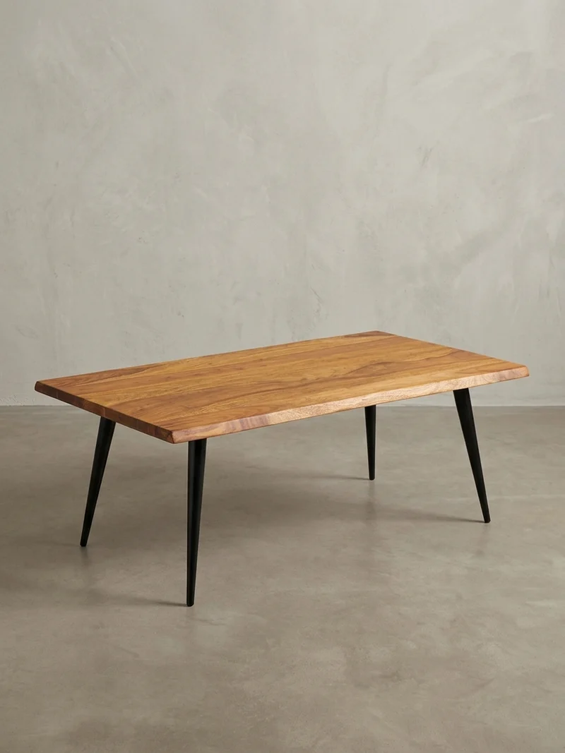 Couchtisch Sheesham Massivholz in Natur mit Baumkante und Metallgestell, 110x60x40 cm, Handgefertigt, Schutzlack-beschichtet