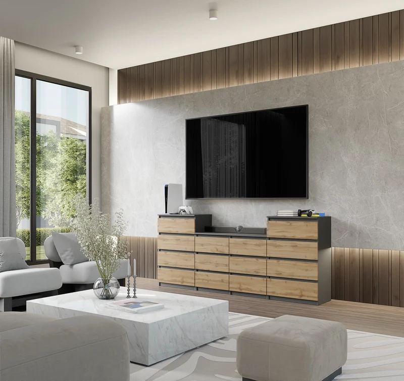 GABRIEL - Kommode / Sideboard mit 14 Schubladen (4+6+4) - Anthrazit Grau / Wotan Eiche H92/70cm B220cm T33cm