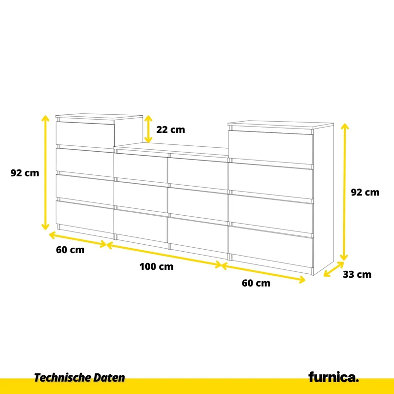 GABRIEL - Kommode / Sideboard mit 14 Schubladen (4+6+4) - Anthrazit Grau / Wotan Eiche H92/70cm B220cm T33cm