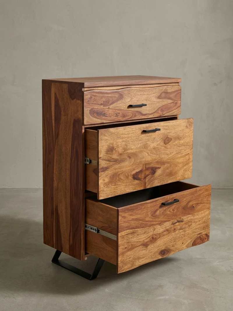 Kommode – Massivholz, 80x120x41,5 cm, Metallgestell, 3 Schubladen