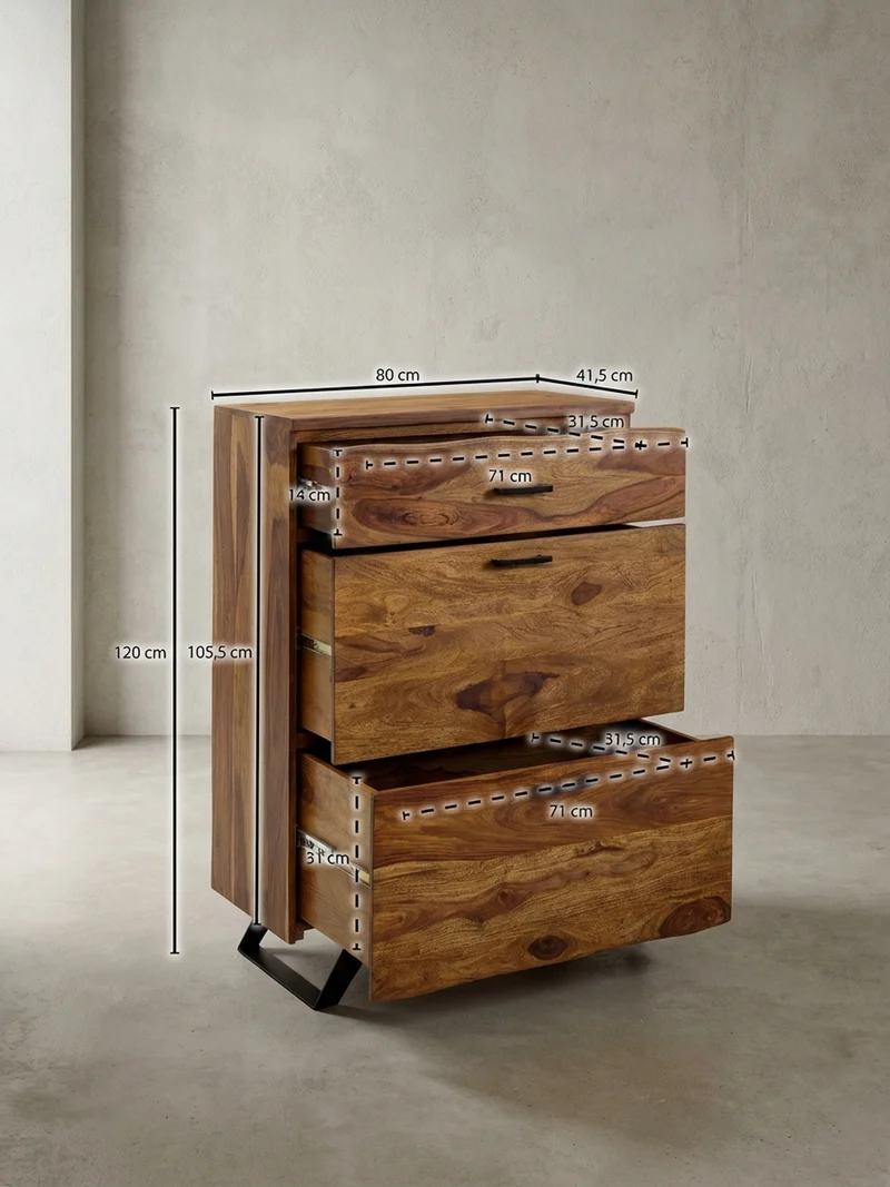 Kommode – Massivholz, 80x120x41,5 cm, Metallgestell, 3 Schubladen