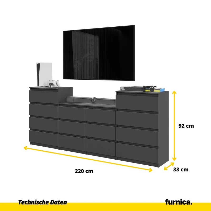 GABRIEL - Kommode / Sideboard mit 14 Schubladen (4+6+4) - Anthrazit Grau H92/70cm B220cm T33cm