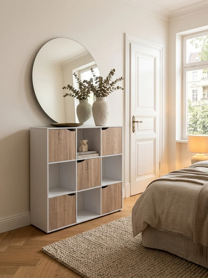 Regal – Weiß/Sonoma, 89x91x29 cm, 9 Fächer, für Bücher und Deko