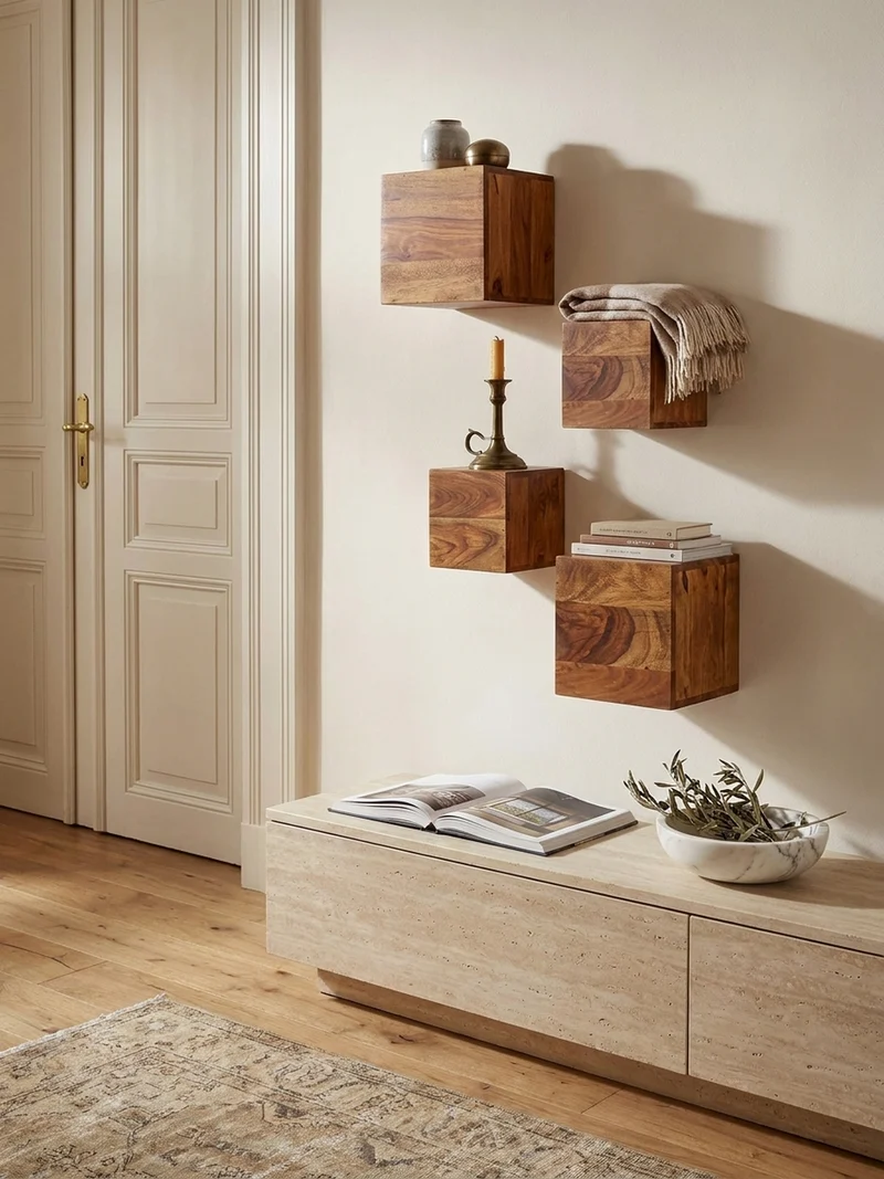 Wandregal Massivholz Modern Stil 4er Set Cubes Design verschiedene Größen