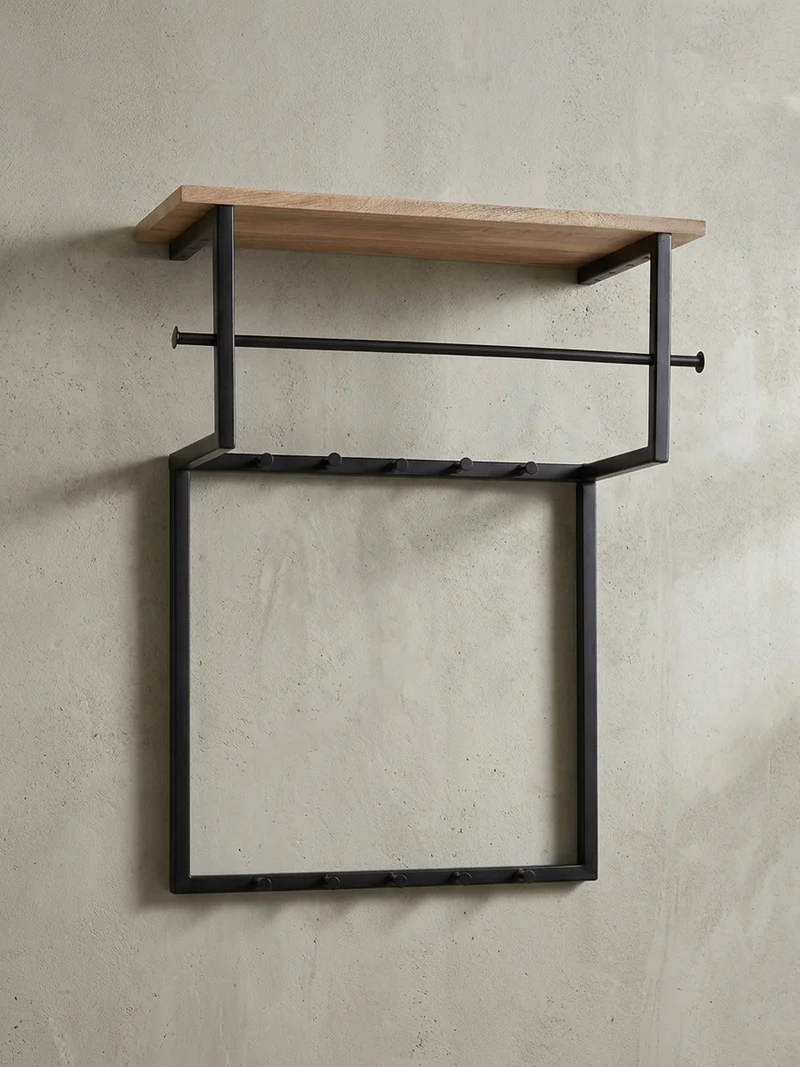 Wandgarderobe Massivholz Metall Modern mit 10 Haken, Kleiderstange und Ablage