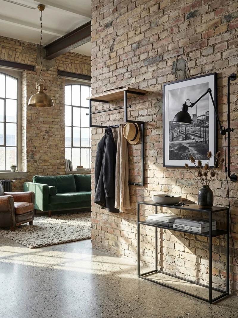 Wandgarderobe Massivholz Metall Modern mit 10 Haken, Kleiderstange und Ablage
