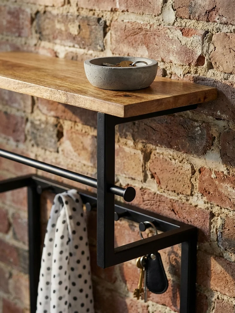 Wandgarderobe Massivholz Metall Modern mit 10 Haken, Kleiderstange und Ablage