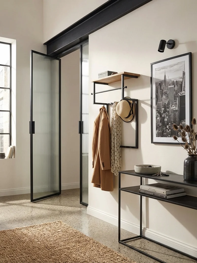 Wandgarderobe Massivholz Metall Modern mit 10 Haken, Kleiderstange und Ablage