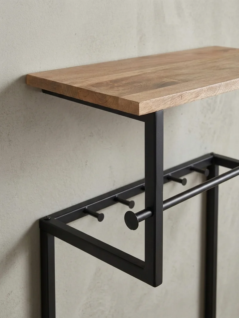 Wandgarderobe Massivholz Metall Modern mit 10 Haken, Kleiderstange und Ablage