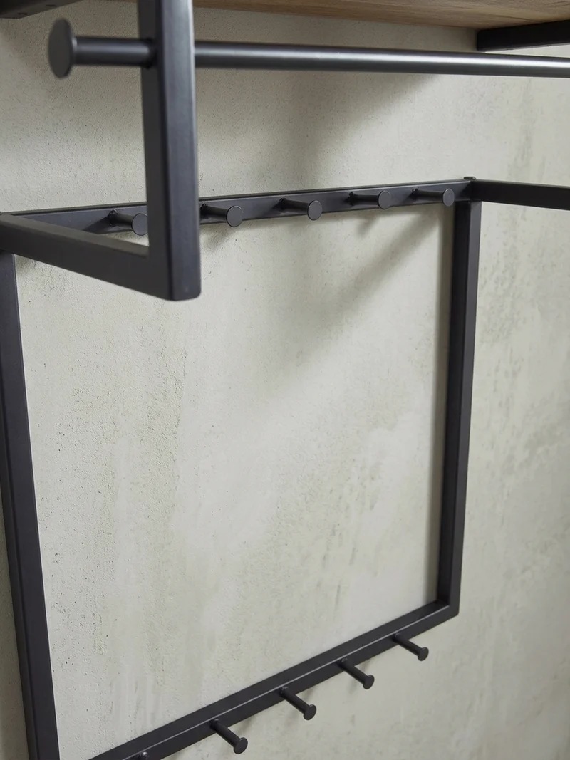 Wandgarderobe Massivholz Metall Modern mit 10 Haken, Kleiderstange und Ablage