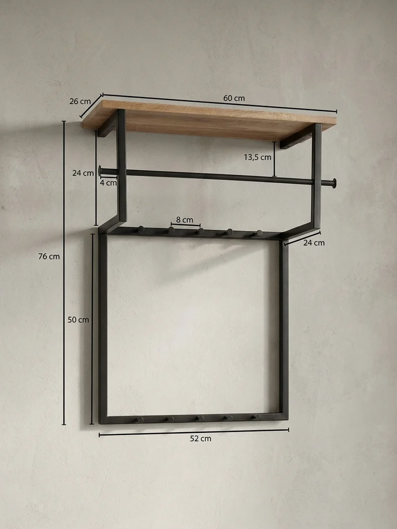 Wandgarderobe Massivholz Metall Modern mit 10 Haken, Kleiderstange und Ablage