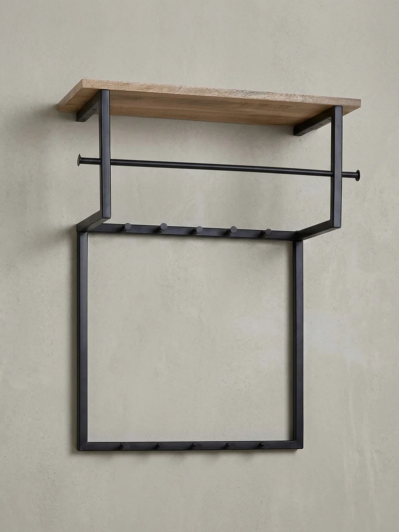 Wandgarderobe Massivholz Metall Modern mit 10 Haken, Kleiderstange und Ablage